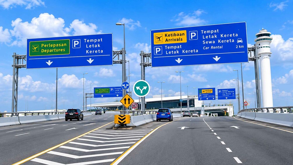 A highway with multiple directional signs, including 'Departures' and 'Arrivals' for an airport. 3