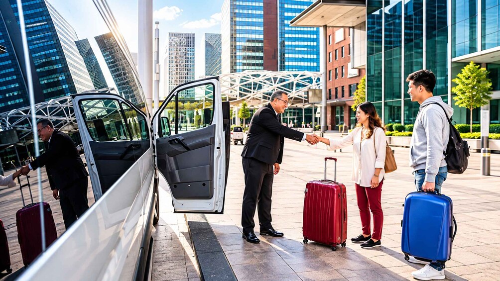 A group of people at a bus station with a bus door open, luggage, and modern buildings in the background. 1