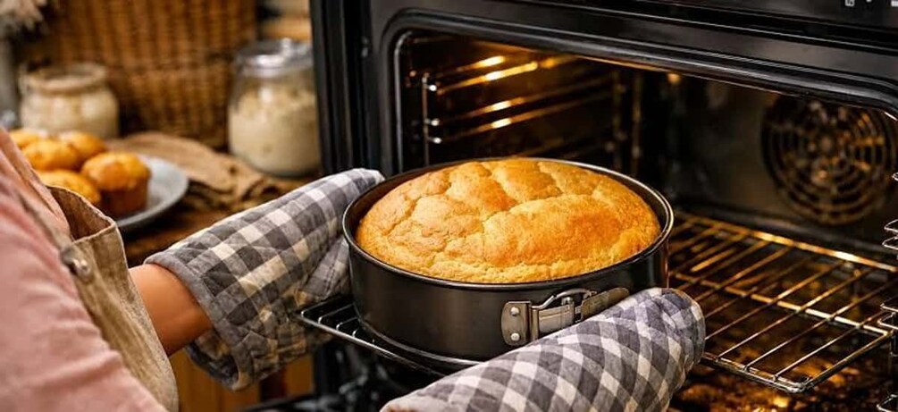 A person holding a round cake in a black baking pan inside an oven. 5