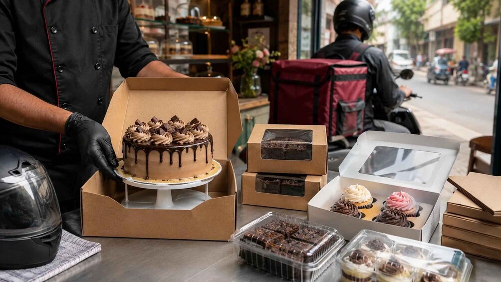A person in a black chef's jacket handling a cake with chocolate frosting and decorations. 3