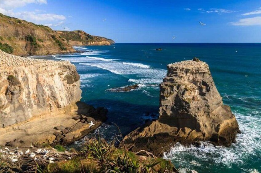 A coastal landscape with cliffs and a rocky outcrop. 1
