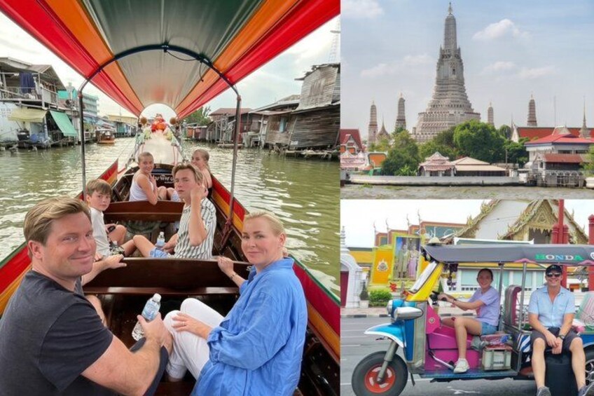 A boat with passengers, a temple, and a tuk-tuk. 1