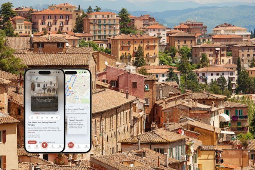 A smartphone displaying a map and information about a historic building in a densely built urban area with terracotta-roofed buildings. 1