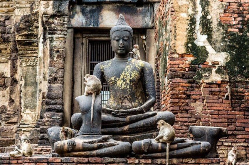 A large Buddha statue with a seated monkey on its lap, surrounded by smaller statues. 5