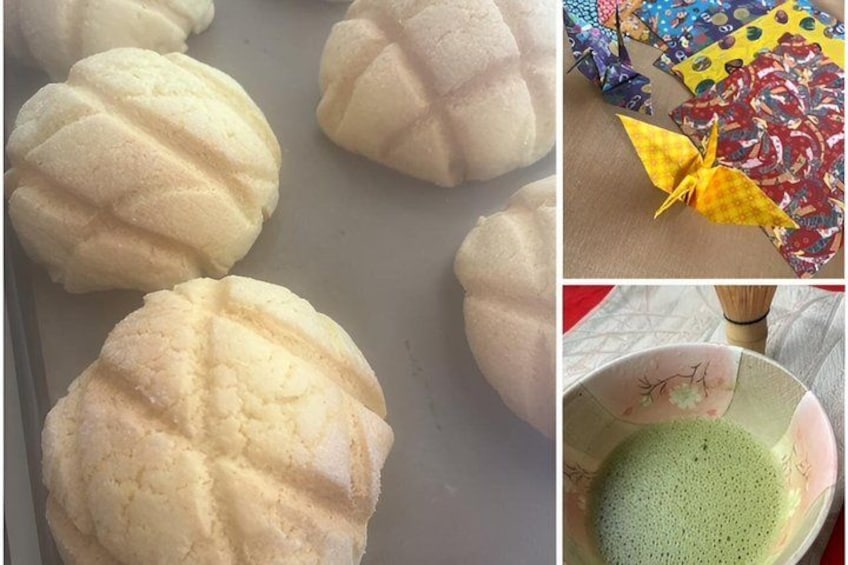 A tray of steamed buns with a crisscross pattern, a colorful origami crane, and a bowl of green tea. 1