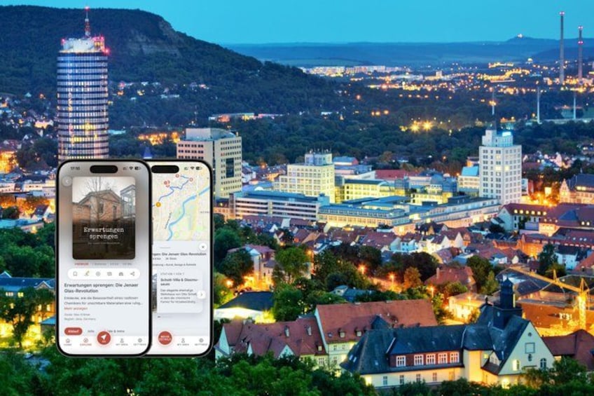 A cityscape at dusk with illuminated buildings and a smartphone displaying a map and information about Bravtusgen. 1
