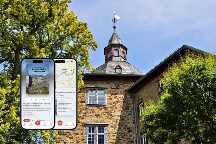 A historic building with a tower, a smartphone displaying a map, and trees in the background. 1
