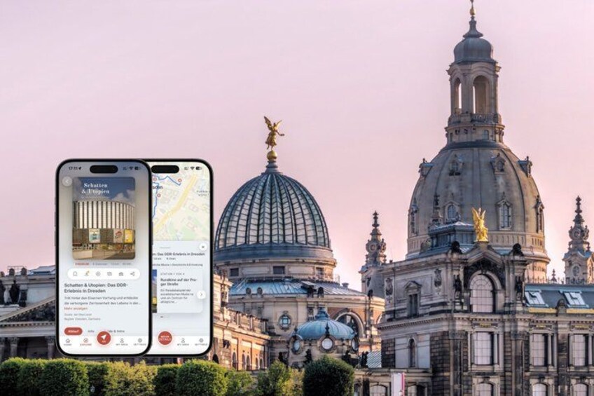 A smartphone displaying a map with a view of a grand building with a dome and statues. 1