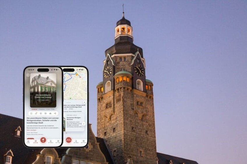 A historic tower with a clock and a smartphone displaying a map and information about the tower. 1