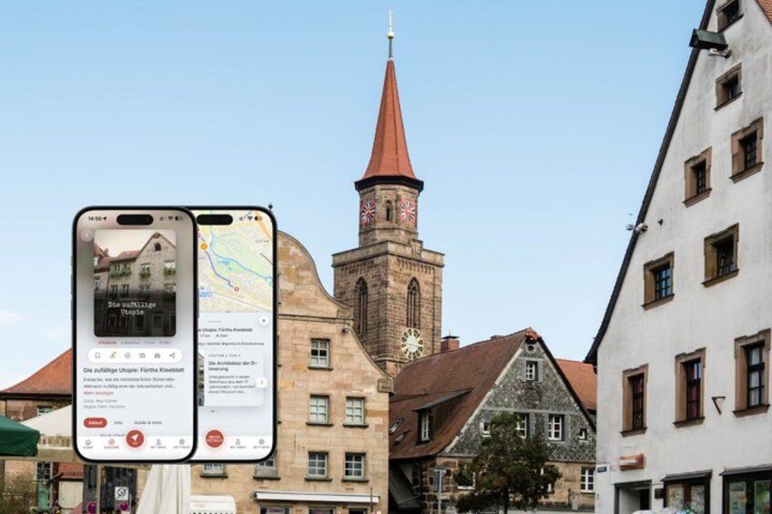 A smartphone displaying a map and a building with a red spire. 1