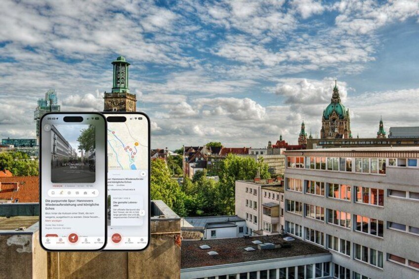 A smartphone displaying a map with a view of a cityscape, including buildings and a church. 1