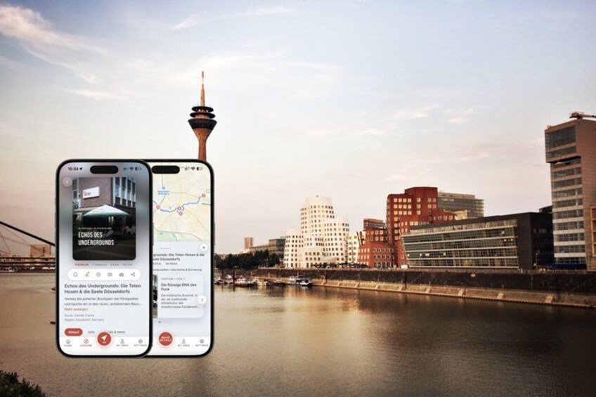 A smartphone displaying a map with a cityscape in the background, including a tower and modern buildings. 1