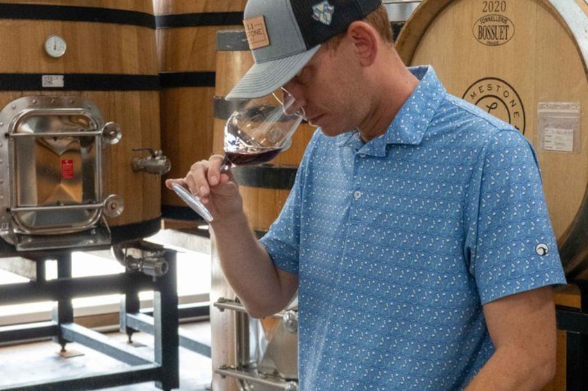 A person holding a wine glass, standing in a winery with wooden barrels and a wine press in the background. 2