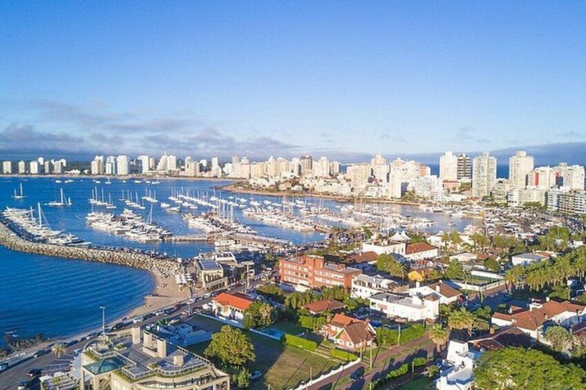 A coastal cityscape with a marina, residential buildings, and a clear blue sky. 4