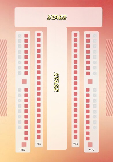 Une scène dotée d’espaces réservés aux personnalités, identifiés par les panneaux « VIP 1 » et « VIP 2 », et d’une zone centrale avec un panneau indicateur. 5