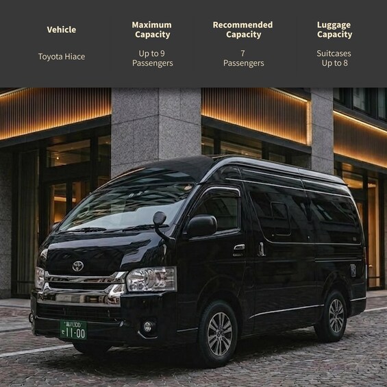 Una camioneta negra Toyota Hiace estacionada frente a un edificio moderno con ventanas iluminadas. 1