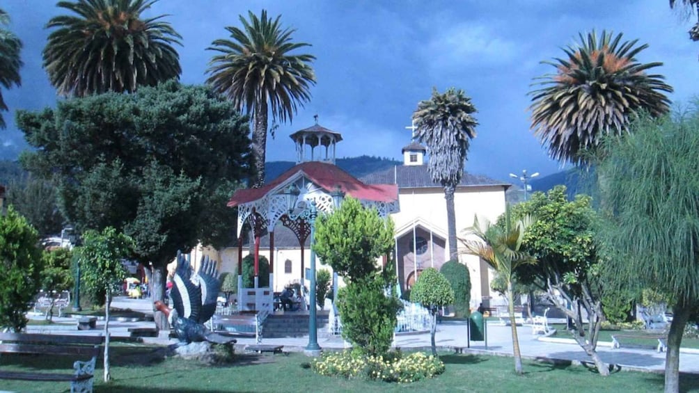 Un parque con palmeras, un pabellón y un edificio de techo rojo. 1