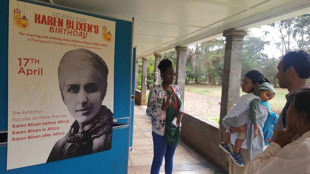 A poster for Karen Blixen's birthday exhibition, focusing on her life before, in, and after Africa. 5