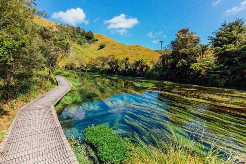 A clear waterway with a wooden boardwalk, surrounded by lush greenery and hills. 1