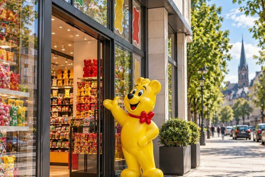 A yellow bear statue outside a store with colorful items inside. 2