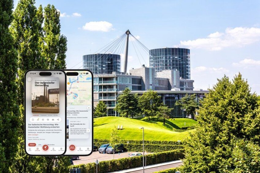 A smartphone displaying a map and a view of a modern building complex with a bridge. 1