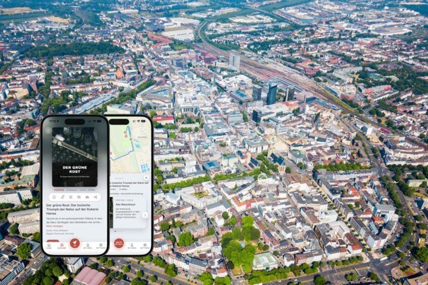 A smartphone displaying a map of a city with a prominent landmark labeled 'DER GRÖNE ROST.' 1