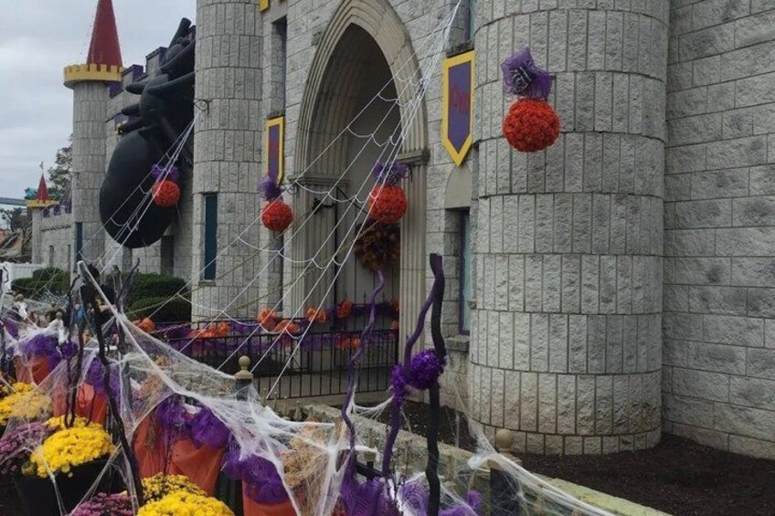 A castle with a large arched entrance, surrounded by decorative flowers and spider webs. 2
