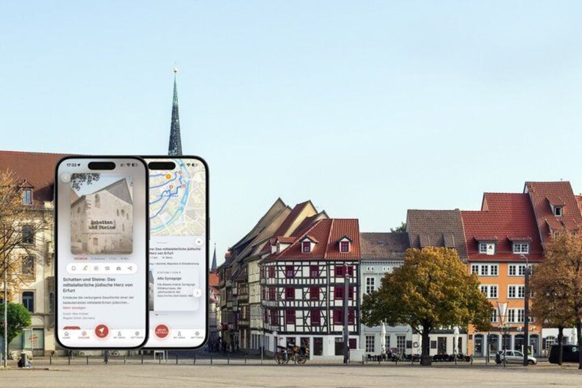 A smartphone displaying a map and a building with a spire. 1