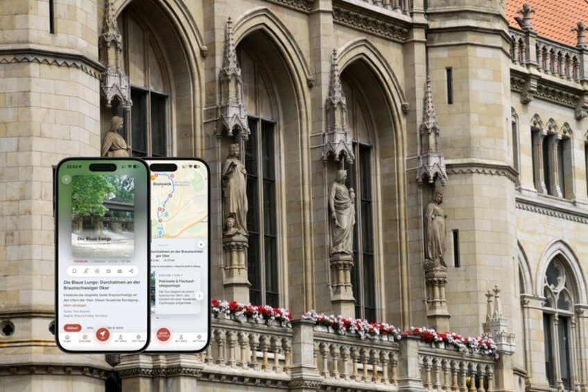 A historic building with ornate Gothic architecture, including pointed arches and statues. 1
