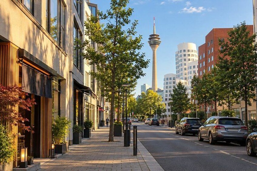 A city street lined with modern buildings, a prominent tower, and parked cars. 4