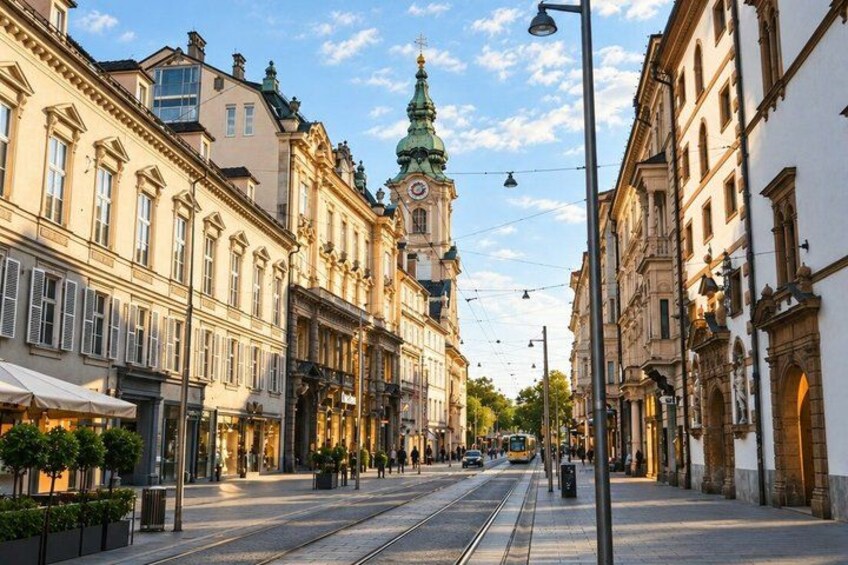 A street with tram tracks, historic buildings, and a clock tower. 4