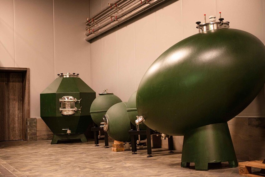 Large green tanks in a room with tiled flooring and a wooden door. 4