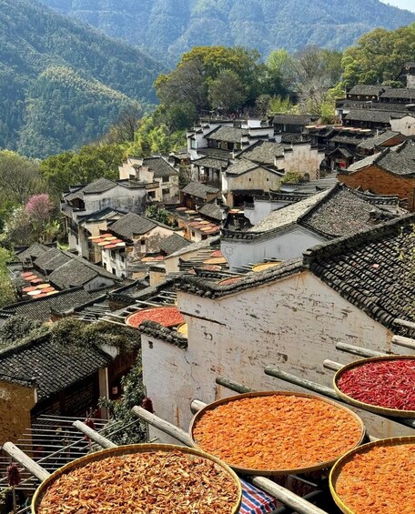 Un village traditionnel avec des bâtiments à étages et un paysage montagneux en arrière-plan. 5
