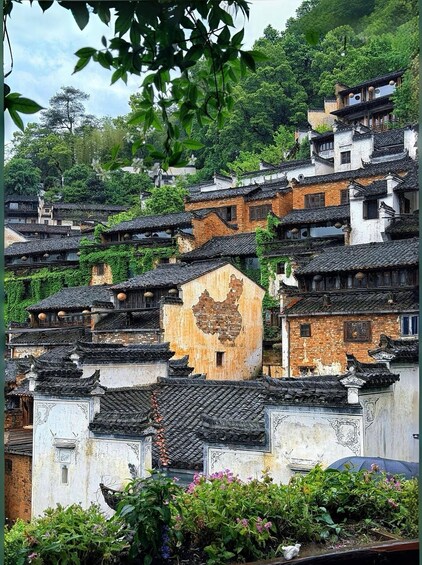Un village chinois traditionnel, avec ses bâtiments à étages, sa végétation luxuriante et une fresque représentant un dragon particulièrement imposante. 1