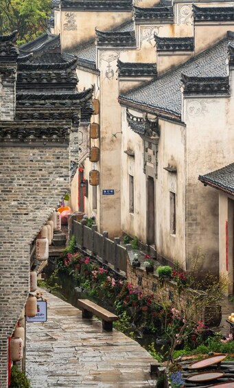 Une cour traditionnelle chinoise, avec des toits couverts de tuiles, un chemin de pierre et des plantes en pot. 4