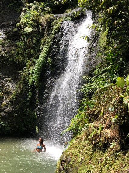 Une cascade dans une zone boisée, avec une personne dans l’eau. 2