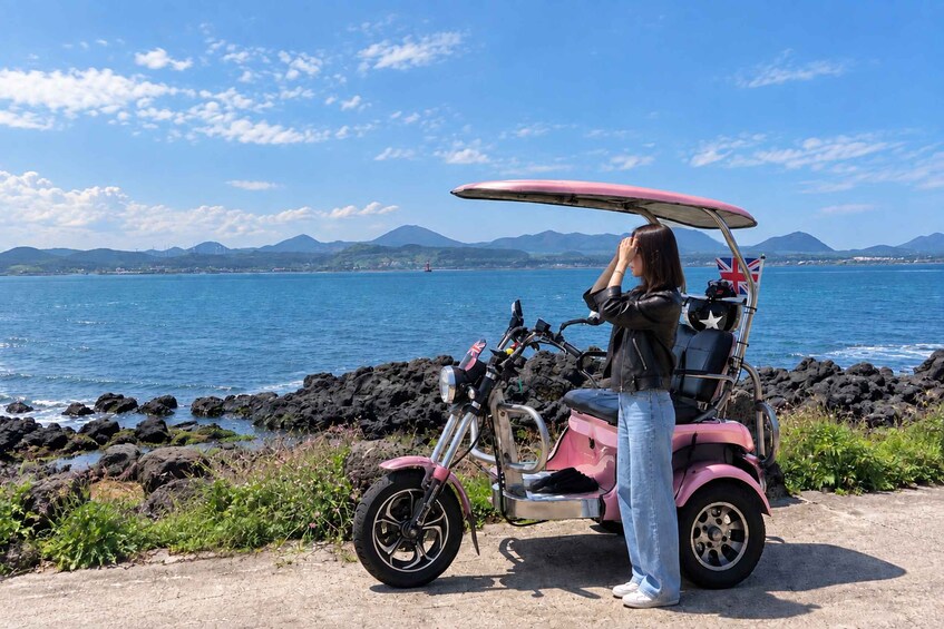 Una persona en un carrito de golf rosa junto a una costa rocosa, con vista al océano y montañas distantes. 1