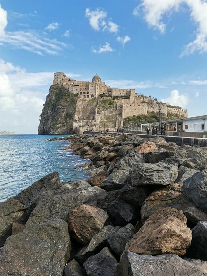 A coastal town with a historic castle on a cliff, rocky shoreline, and clear blue sky. 5