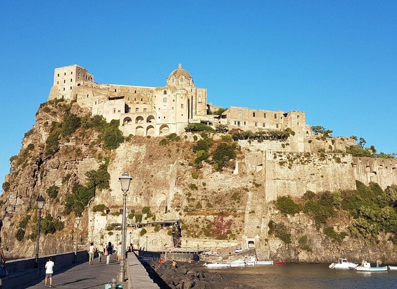 A historic castle on a cliff overlooking a harbor with boats. 4