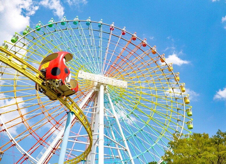 Une grande roue aux cabines colorées, se dressant sur un ciel bleu dégagé. 5