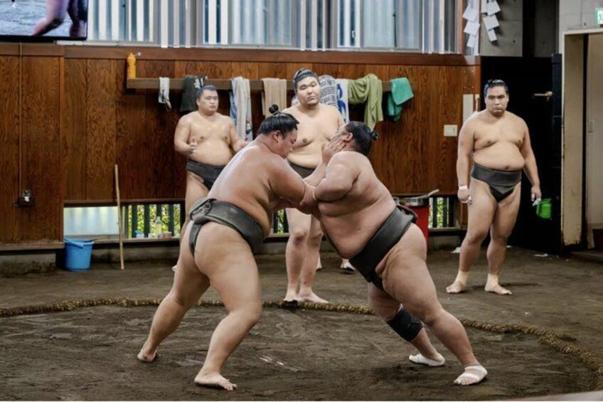 Two sumo wrestlers in a ring, with others standing in the background. 3