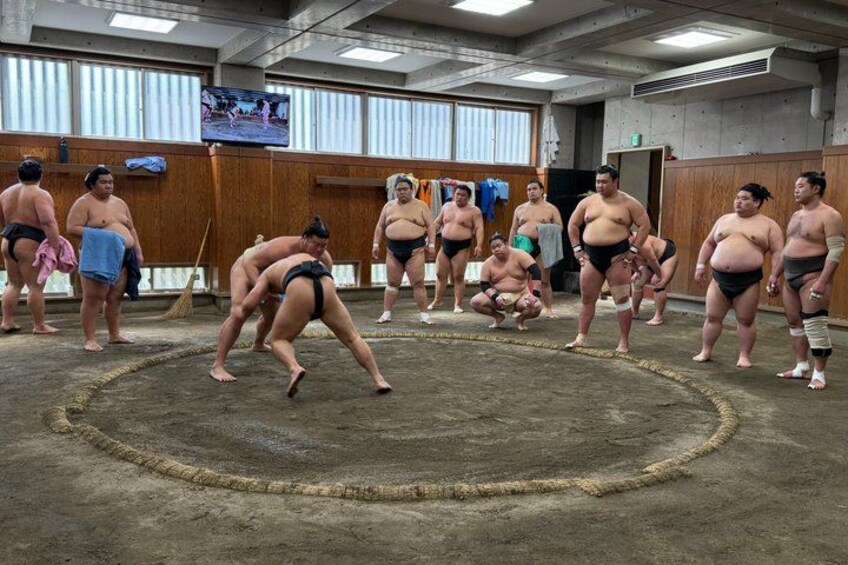 A sumo wrestling match in progress with wrestlers in traditional attire, a spectator area, and a television screen in the background. 5