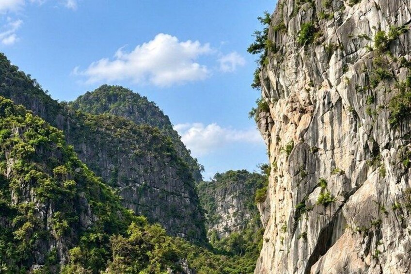 A mountainous landscape with steep cliffs and dense greenery. 1