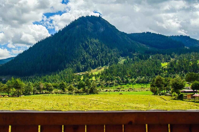 A mountain landscape with a forested peak and a valley with fields and scattered houses. 3
