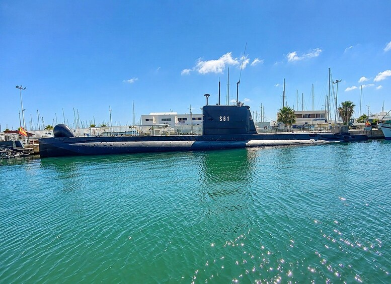 A submarine docked at a marina with clear blue water, palm trees, and a clear sky. 2
