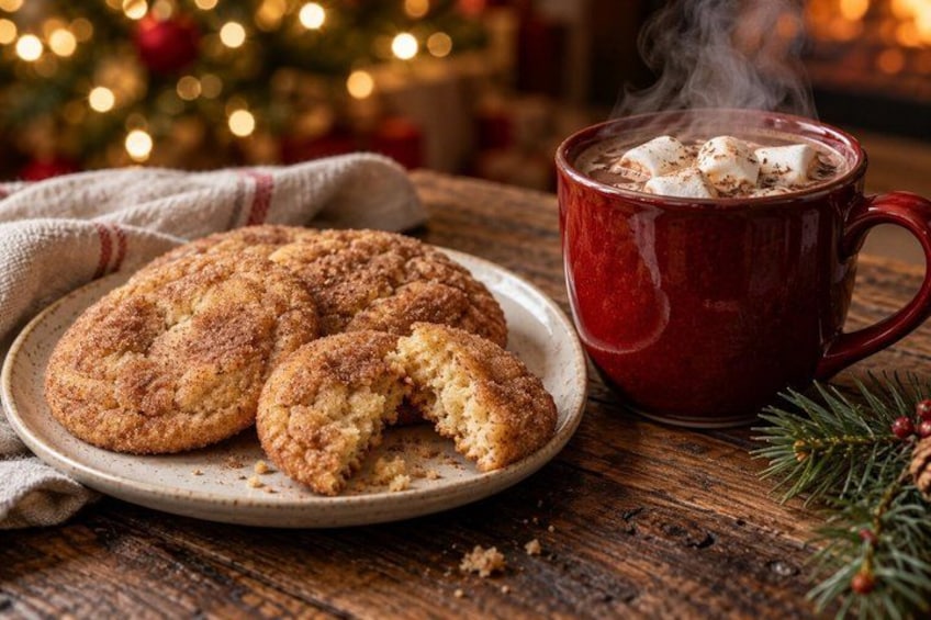Cookies on a plate, a mug of hot chocolate, and a blurred Christmas tree in the background. 3