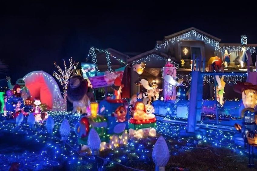 A house decorated with various lighted figures and structures, including a large bear and a character resembling a princess. 5