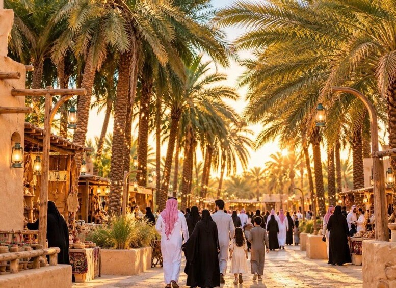 A bustling market street lined with palm trees and traditional stalls. 4