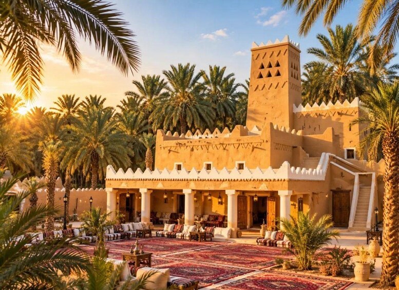 A traditional building with a tower, palm trees, and a courtyard with seating. 5