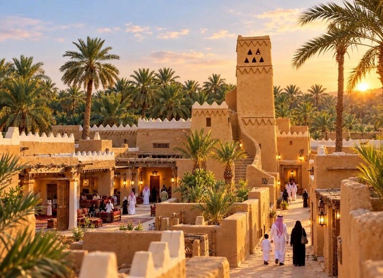 A traditional desert village with palm trees and a tower. 1